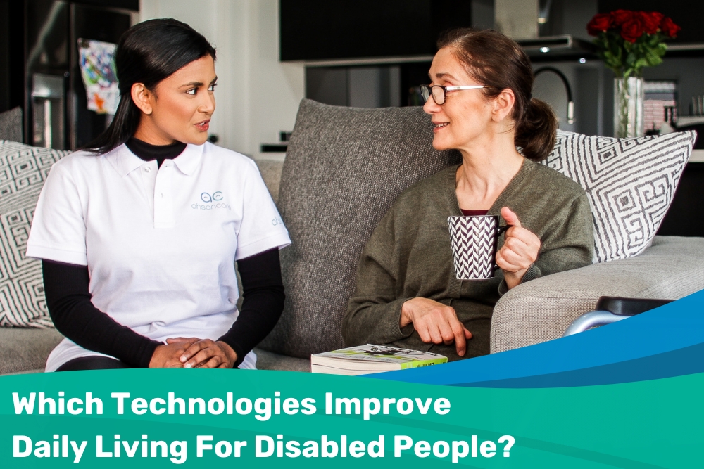 A healthcare professional engages in a conversation with an elderly woman about technology for disabled people.