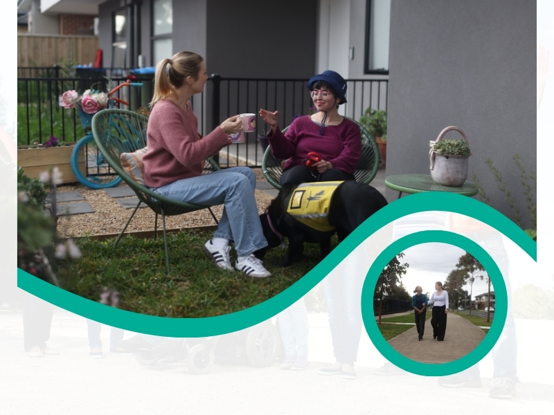 A woman with a guide dog enjoying a garden chat, showcasing outdoor relaxation activities for disabled persons with support.