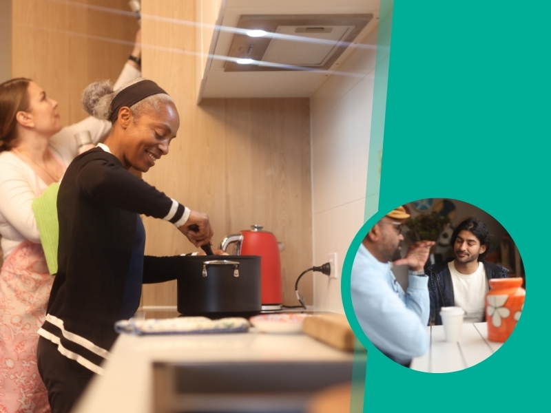 A person cooking while another cleans, showcasing how NDIS support provides assistance with household tasks for participants.