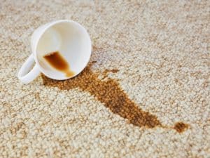 Spilled coffee on a carpet highlights the importance of carpet cleaning to avoid lasting stains.