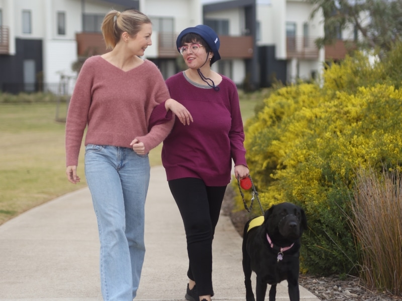 Two women walking with a guide dog during ndis community events in a suburban neighbourhood.