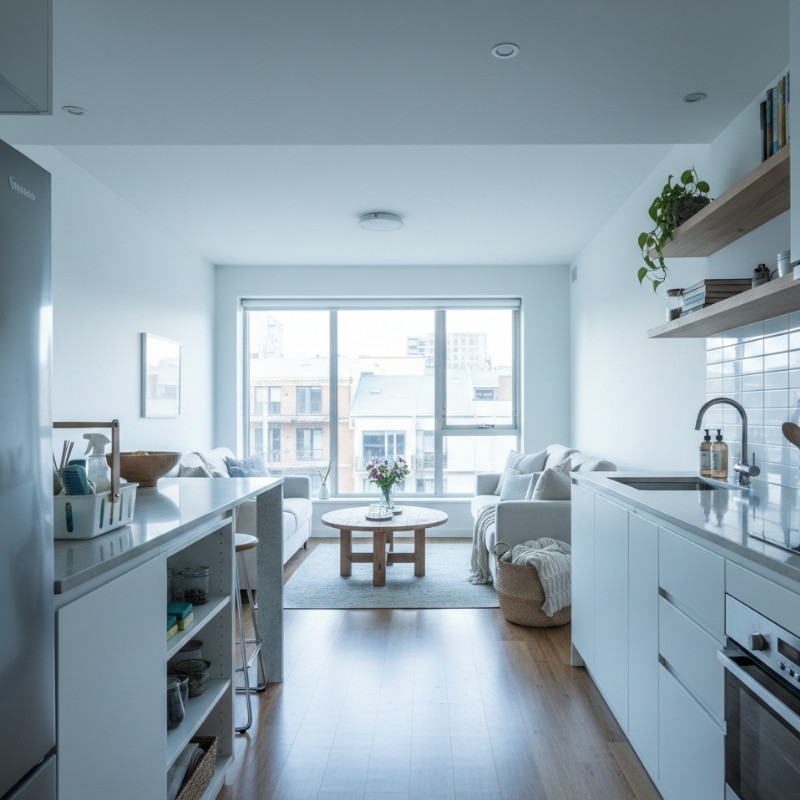 NDIS home support setup in a Melbourne apartment with an organised kitchen, clear walkways, and household routine items.