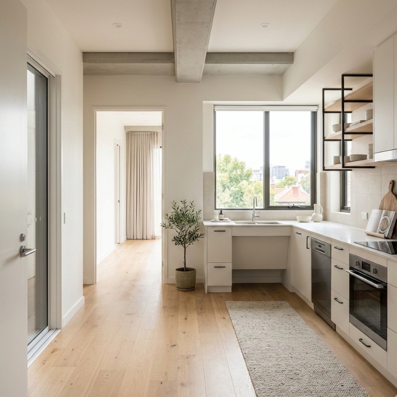 Accessible Melbourne apartment interior illustrating NDIS housing concepts like SDA, SIL and medium-term accommodation