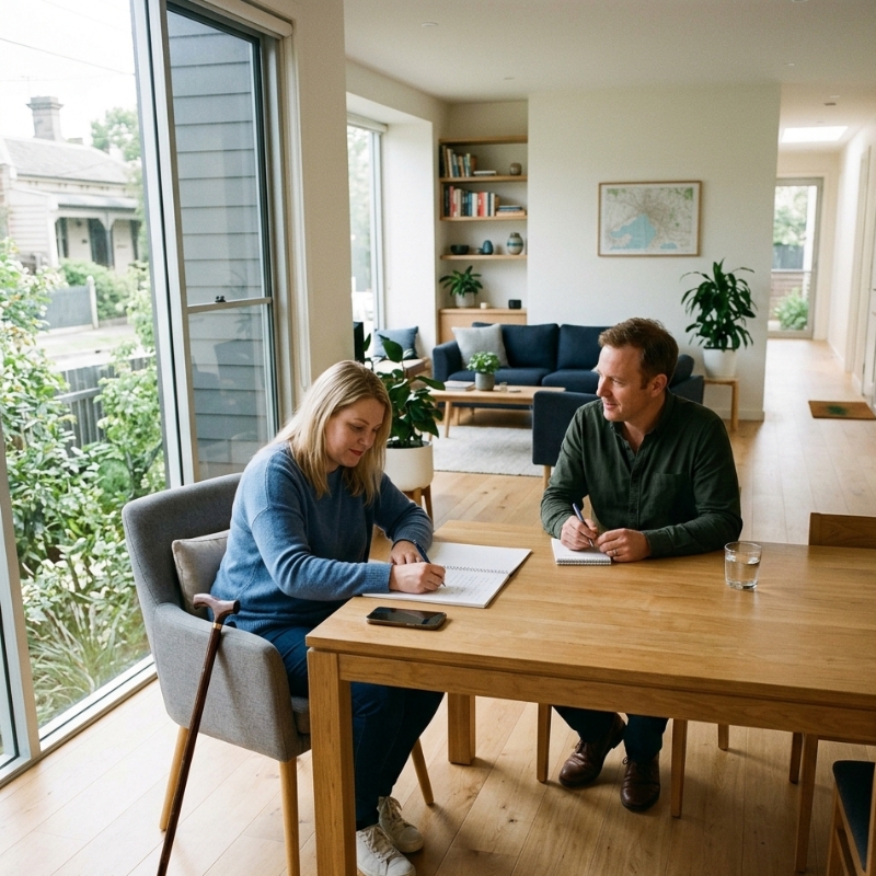 Participant writing NDIS Home and Living goals at home in an accessible Melbourne living space.
