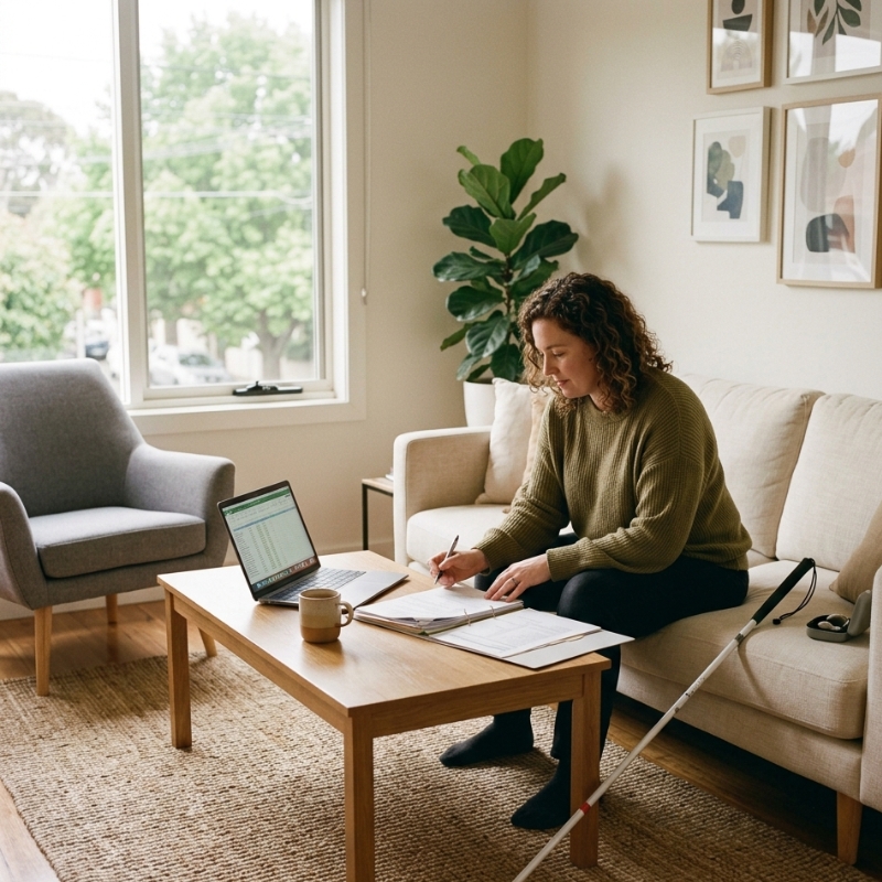 Person in Melbourne reviewing an itemised NDIS invoice and service agreement paperwork at home