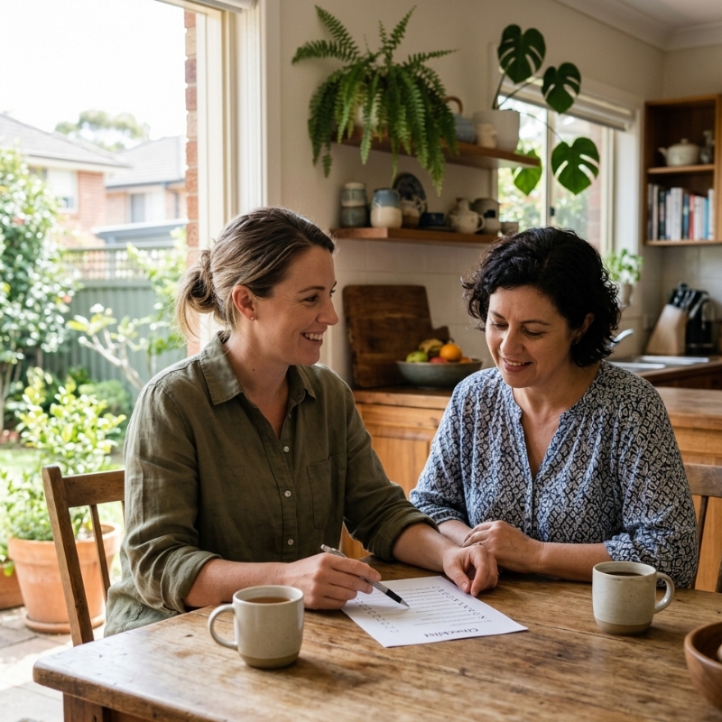 Participant and support worker reviewing a checklist together in a Sydney home