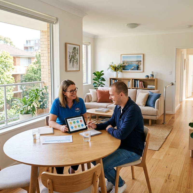 NDIS participant and support worker discussing Home and Living supports in an accessible Sydney apartment.