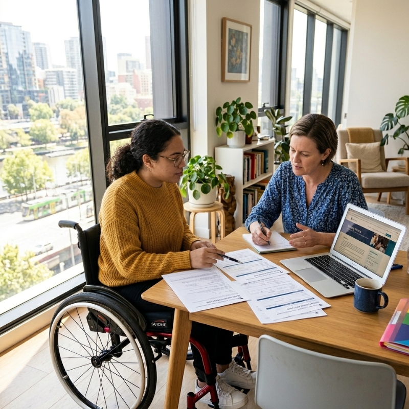Wheelchair user and support coordinator reviewing NDIS housing paperwork in Melbourne apartment