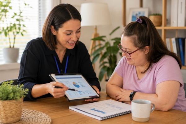 Plan manager explaining an NDIS budget report to a participant in Melbourne