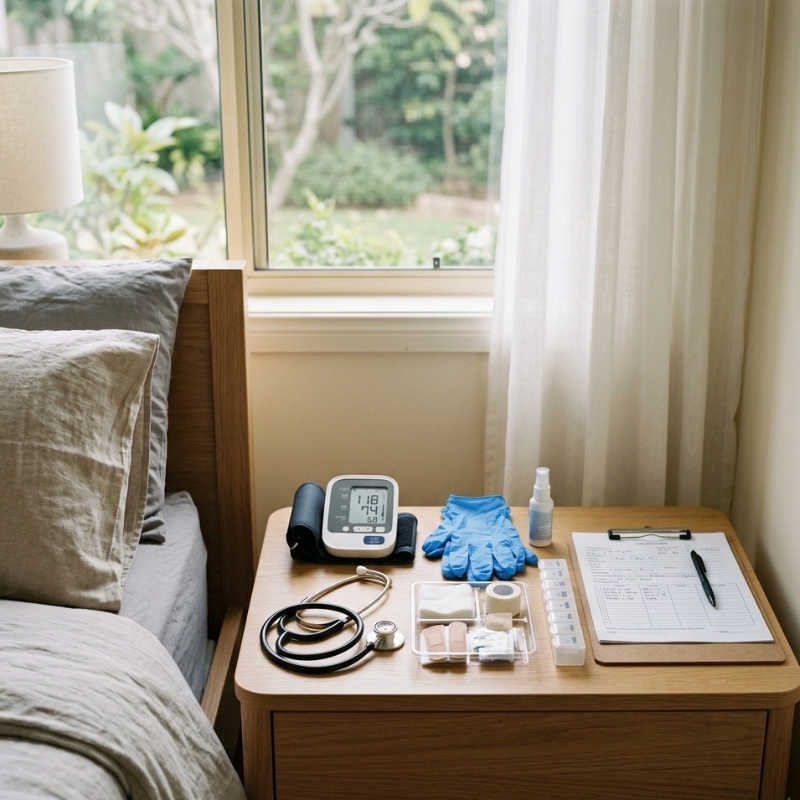 NDIS nursing at home with clinical care equipment in a residential setting