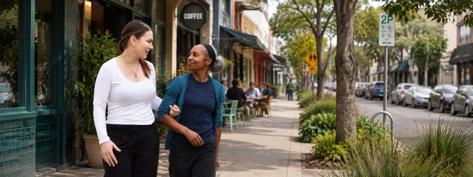 A support worker and participant walking together on a street in the Inner West